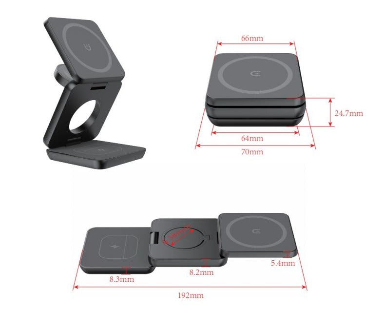 Folding Magnetic Charging Stand dimensions, folded and unfolded