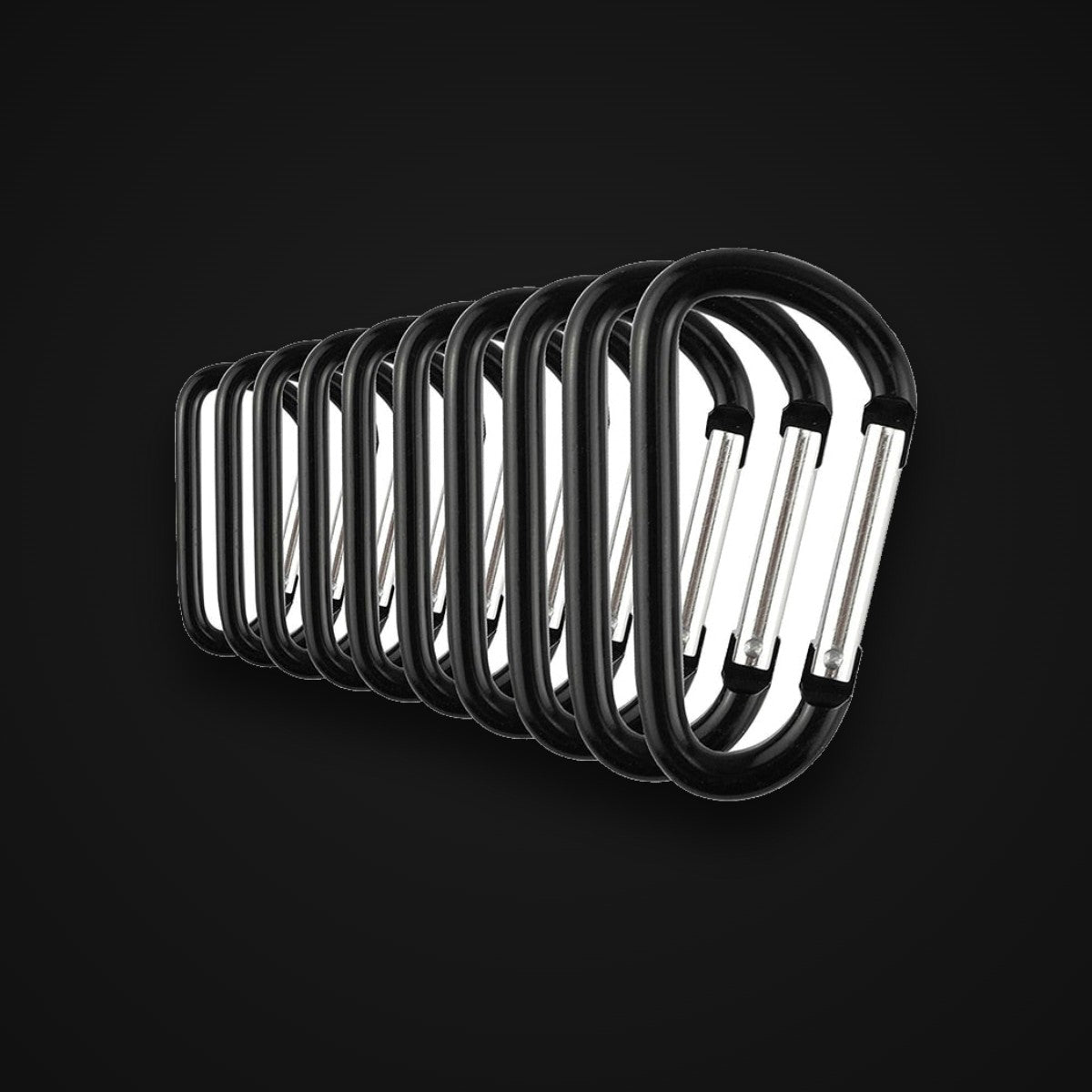 Aluminum Carabiners, 10-pack, matte black, on charcoal